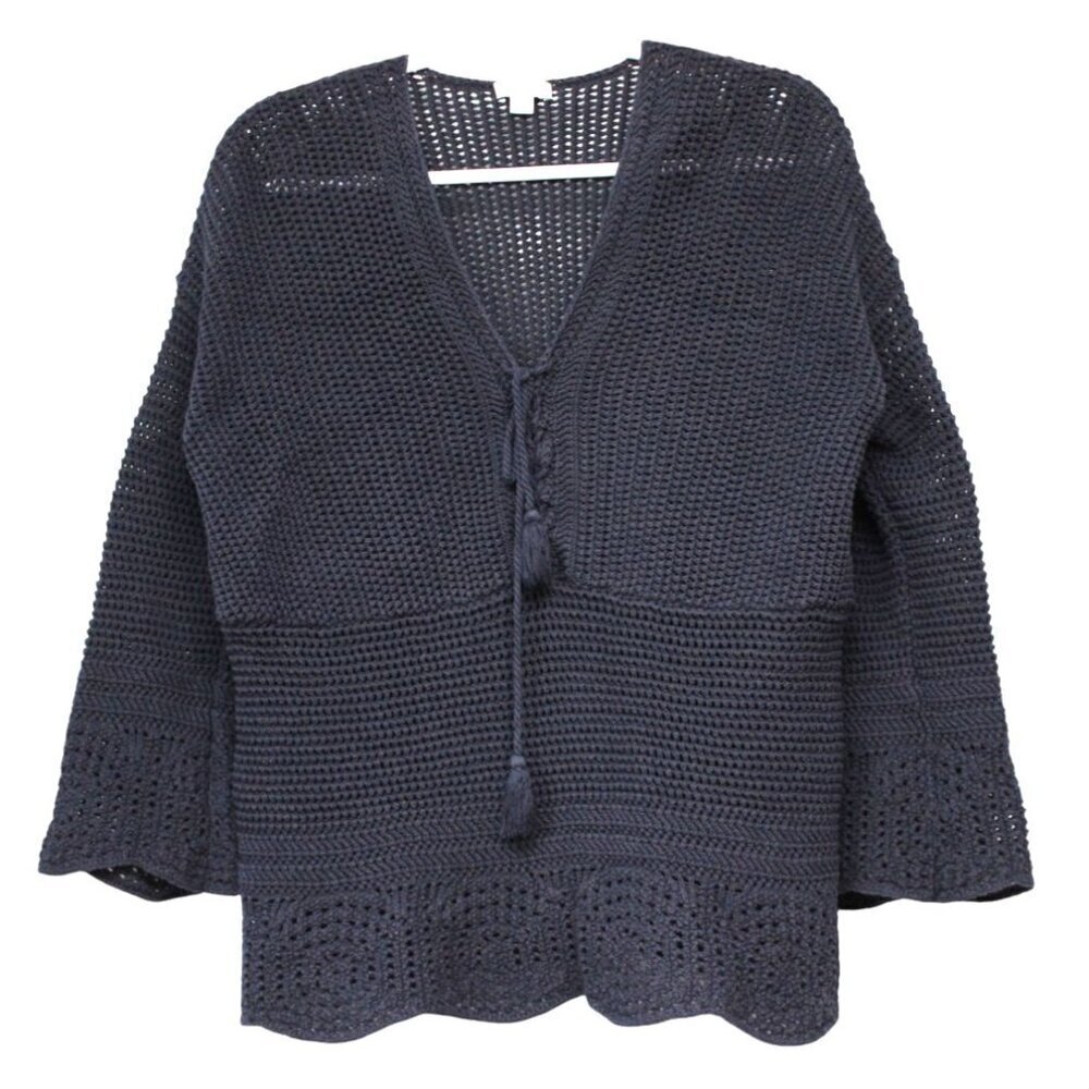 J Jill Blouse Medium Chunky Open Knit Blue 100% Cotton Beach Coastal Resort Boho